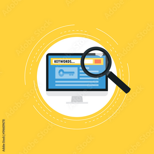 Keywording, SEO keywording process, keyword research, keywords optimization flat vector illustration design. Design for web banners and apps
