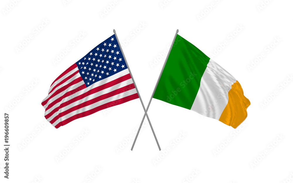 USA and Ireland state crossed flags waving real clothes effect as a sign of cooperation or diplomacy or unity. Vector illustration.