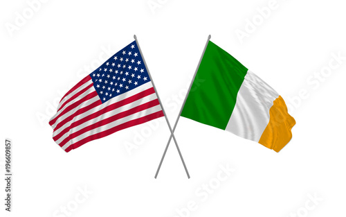 USA and Ireland state crossed flags waving real clothes effect as a sign of cooperation or diplomacy or unity. Vector illustration.