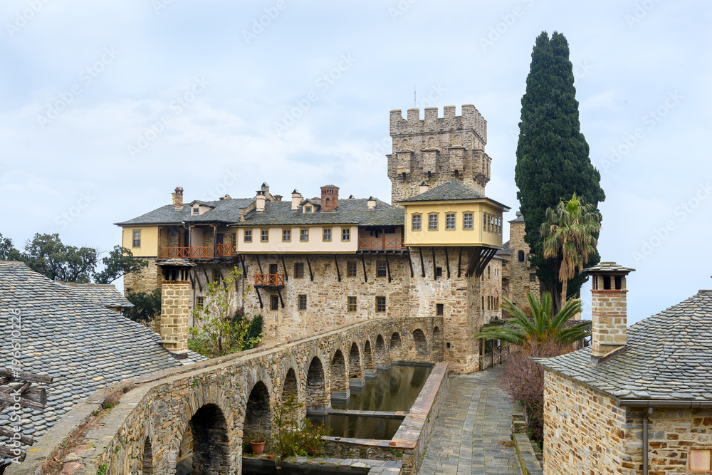 Stavronikita medieval monastery building details on Holy Mount Athos