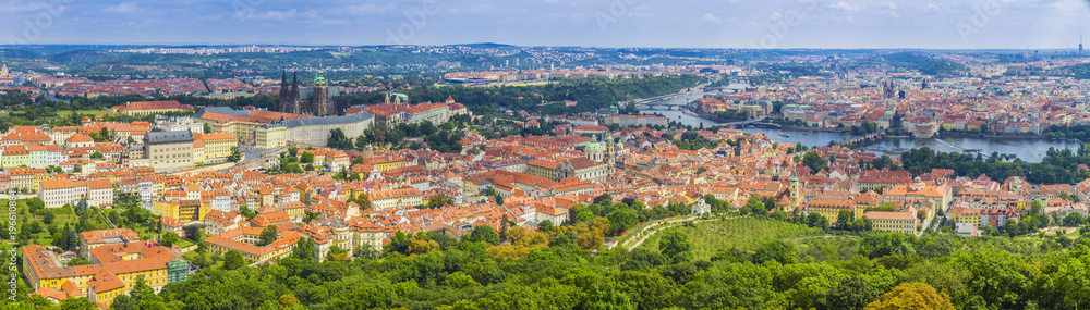 Aerial view of the Old Town and Charles Bridge over Vltava river in Prague,