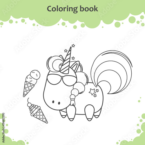 ute unicorn in sunglass eats ice cream. Coloring page for kids.