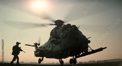 Abstract, blurry, bokeh background, image for the background. Soldier boarding a military helicopter.
