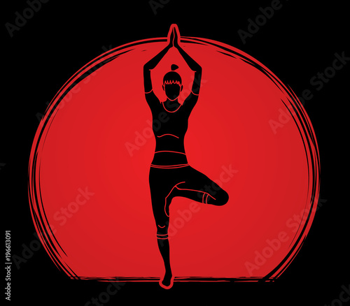 Woman practicing yoga, Yoga action designed on sunlight background graphic vector.