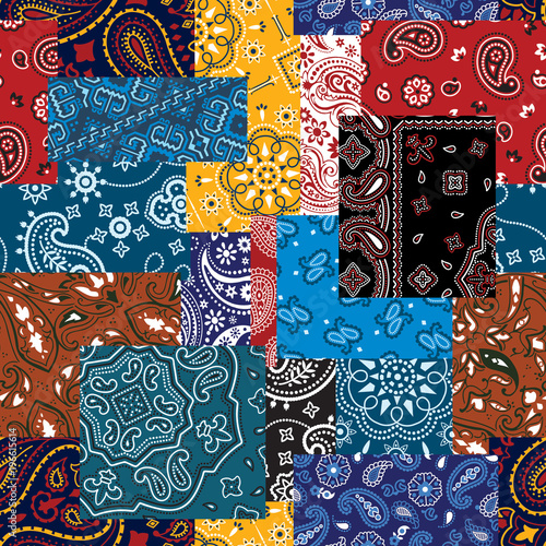 Bandana paisley fabric patchwork vector seamless pattern