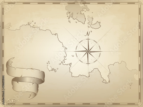 vector illustration of an old navigation chart on yellowed paper. ocean, lakes, continent and Islands. ribbon wave. an image of a compass pointing to the North. the lined border