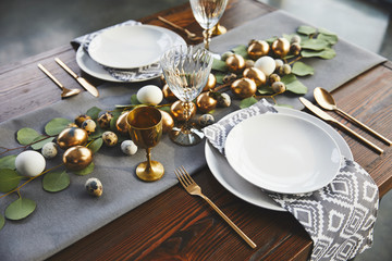 high angle view of decorated easter festive table in restaurant