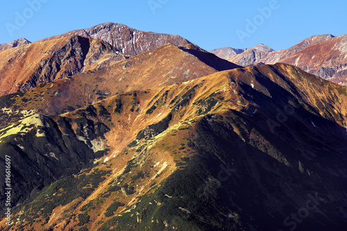 Poland, Tatra Mountains, Zakopane - Czerwone Wierchy and Tomanowy Wierch peaks, Jaworowa Liptowska Valley with Western Tatra mountain range panorama in background