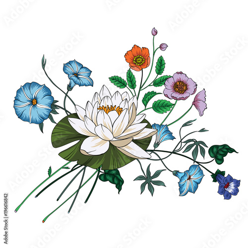 ector bouquet of garden flowers.Blooming flowers.Wildflowers. Vector Illustration on white background