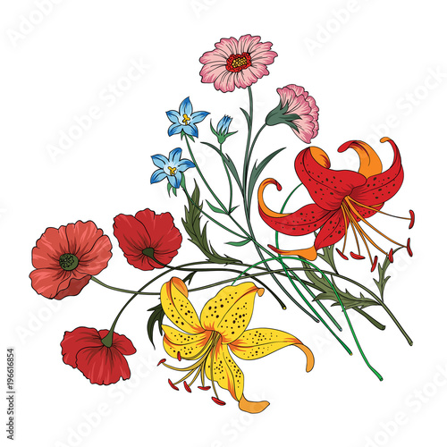 ector bouquet of garden flowers.Blooming flowers.Wildflowers. Vector Illustration on white background