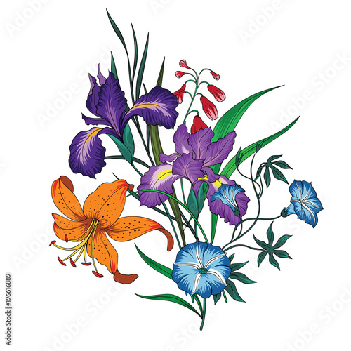 ector bouquet of garden flowers.Blooming flowers.Wildflowers. Vector Illustration on white background