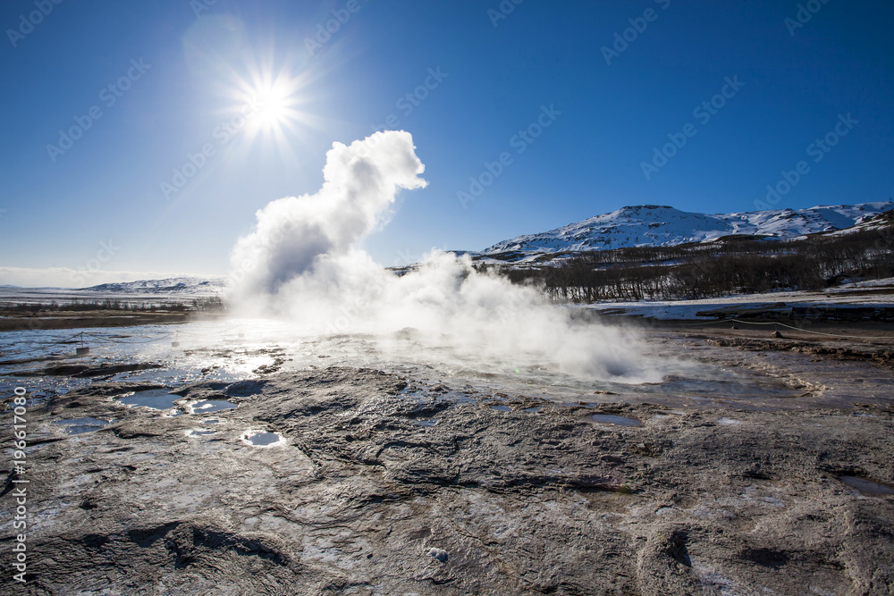 Water geyser before the eruption in the Island