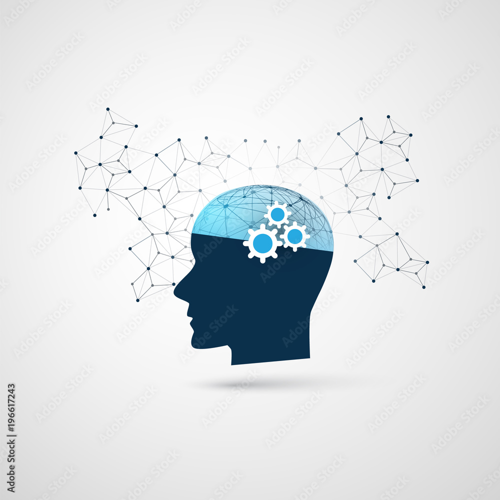Fototapeta premium Machine Learning, Artificial Intelligence, Cloud Computing and Networks Design Concept with Network Mesh and Human Head