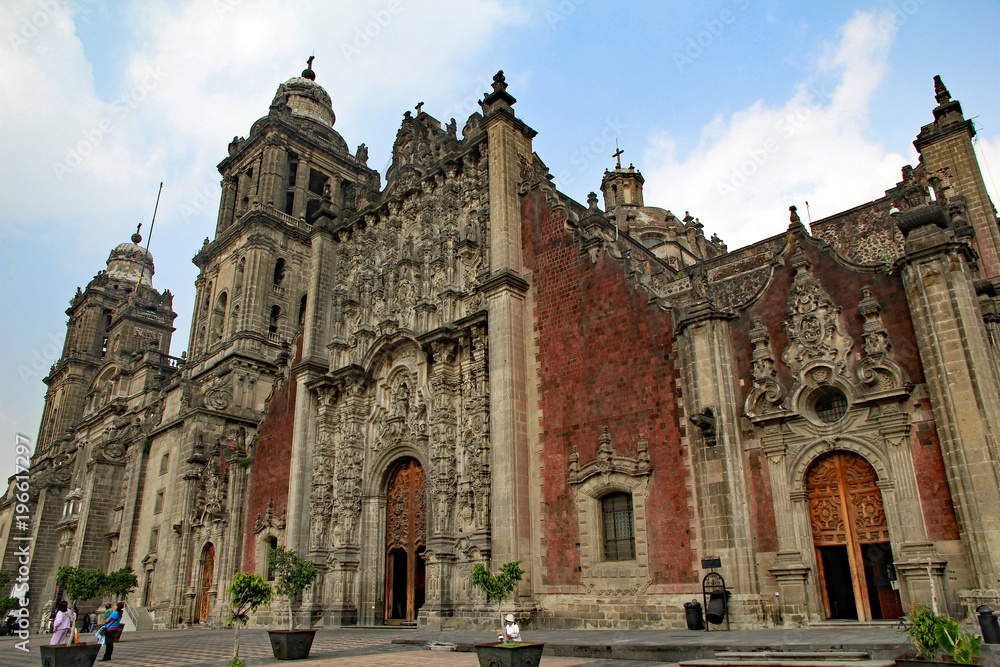 The front facade of the Metropolitan Cathedral (Catedral Metropolitana) in Mexico City Zocalo Square