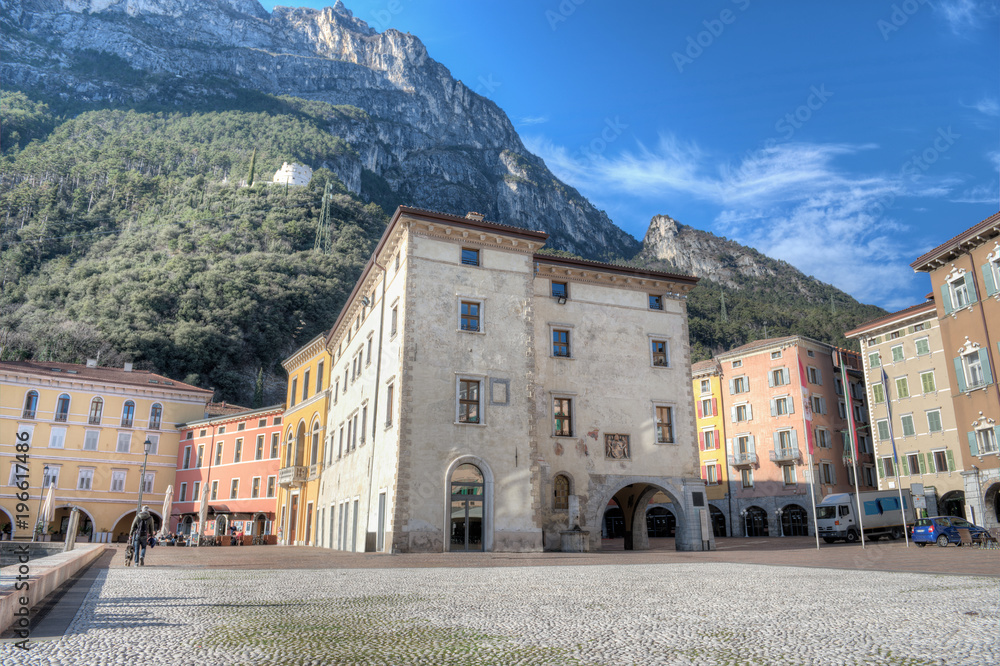 Riva del Garda, Trentino, Italy, view of the main square and alps