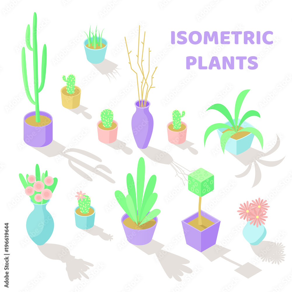 Set of vector isometric plants and flowers icons. Interior decoration. Different types of gardening objects Set of vector isometric plants and flowers icons. Interior decoration. Different types of gardening objects