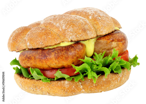Sausage and salad sandwich roll isolated on a white background