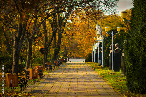 Autumn scenery on Personalities Alley of Central Park in Timisoara, Timis County, Romania