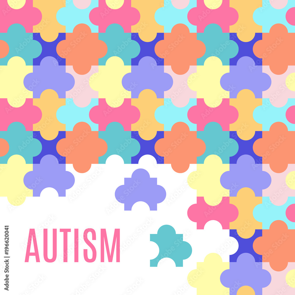 Autism awareness poster with jigsaw puzzle pieces on white background. Cooperation, collaboration, working together. Solidarity and support symbol. Medical concept. Vector illustration.