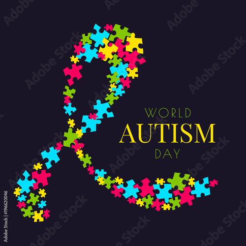 Autism awareness poster with a ribbon made of multicolored puzzle pieces on dark background. Social interaction and communication disorder. Solidarity and support symbol. Vector medical illustration.
