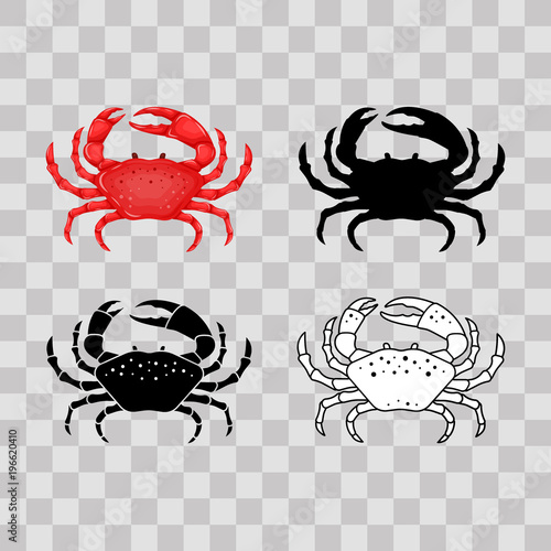 Set of flat red, black, thin line white crab isolated on transparent background - vector illustration. Sea water animal icon. Zodiac canser