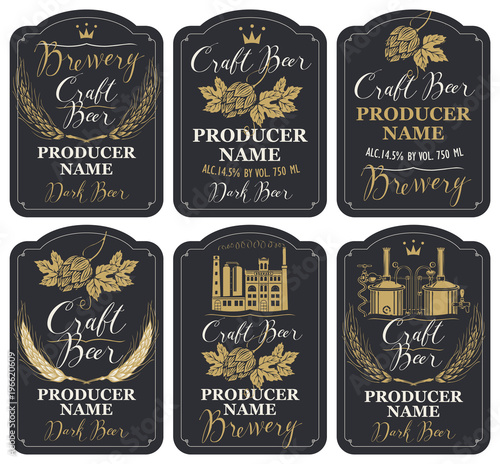 Set of six vector labels for craft beer and brewery with handwritten inscriptions, hop cones, spikelets and image of brewery production and brewing equipment in retro style in black and gold colors