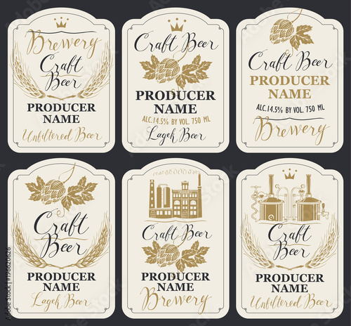Set of six vector labels for craft beer and brewery with handwritten inscriptions, hop cones, spikelets and image of brewery production and brewing equipment in retro style