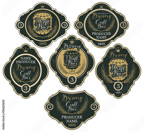 Set of labels with wheat ears, crowns, wooden barrels and handwritten inscriptions in figured frames. Vector labels for craft and draft beer and brewery on black background in retro style