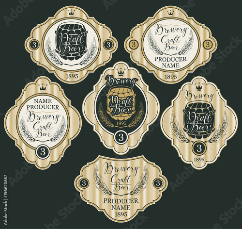 Set of labels with wheat ears, crowns, wooden barrels and handwritten inscriptions in figured frames. Vector labels for craft and draft beer and brewery in retro style