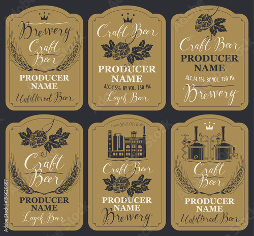 Set of six vector labels for craft beer and brewery with handwritten inscriptions, hop cones, spikelets and image of brewery production and brewing equipment in retro style