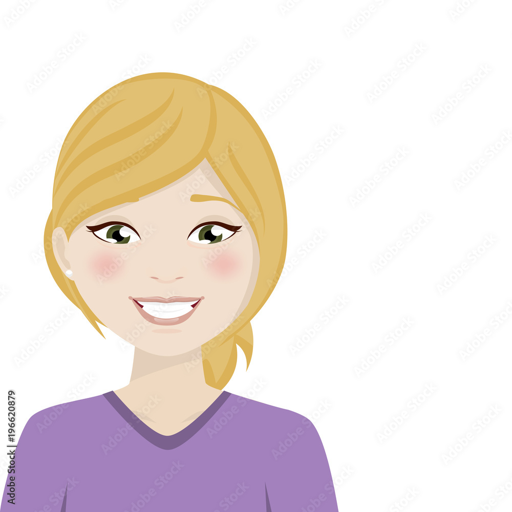 Happy blond woman with purple shirt on a white background Happy blond woman with purple shirt on a white background