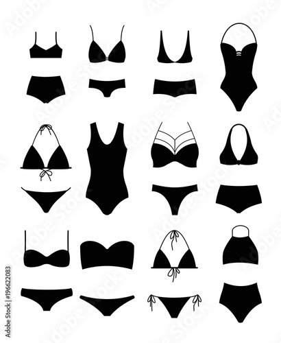 Vector illustration set of silhouettes of modern swimsuits and women s underwear on white background. Bikini set for girls.