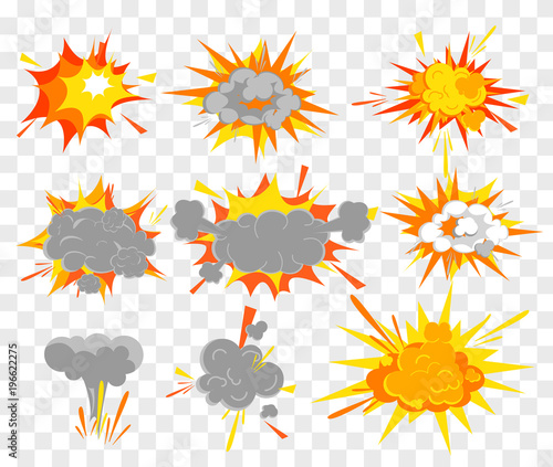 Vector illustration set of explosion effect in cartoon comic retro style. Shots motion flash and boom elements.