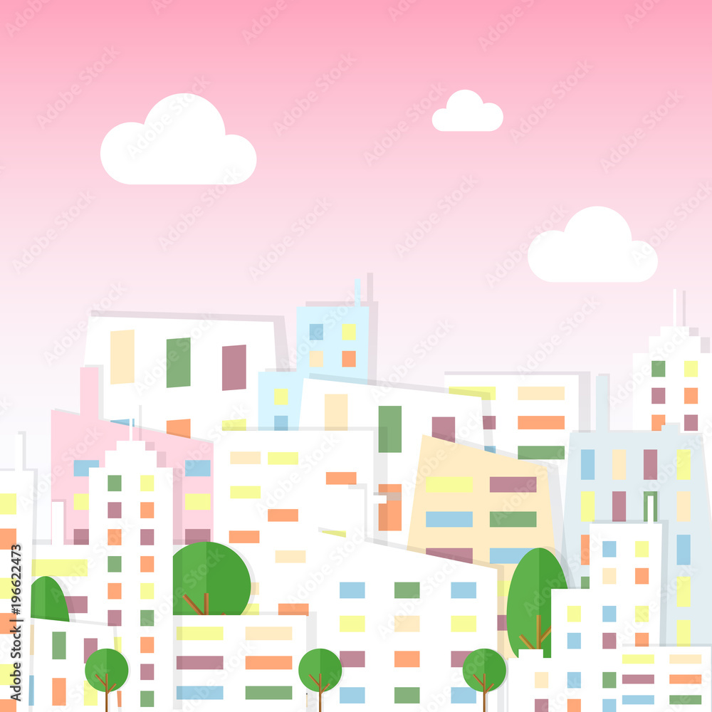 Vector illustration of paper city view in cartoon flat style. Town with houses and trees on pink sky background.