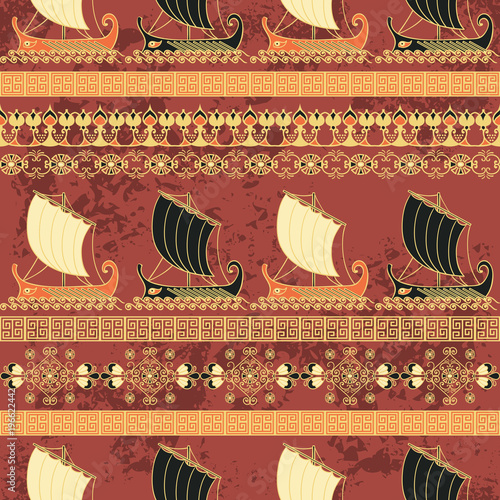 Seamless pattern with ancient greek ships and ornament. Traditional ethnic background. Vintage vector illustration