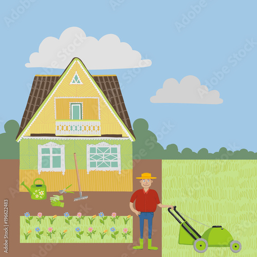 Outdoors scene with farm house, flower bed, farmer, grass, lawn mower. Blue sky.