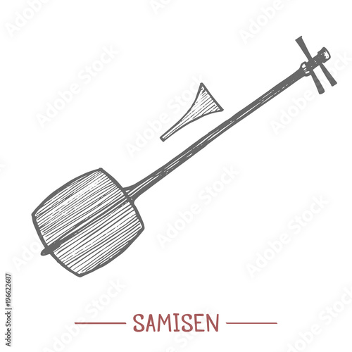Samisen. Japanese Traditional Musical Instrument in Hand Drawn Style for Surface Design Fliers Prints Cards Banners. Vector Illustration