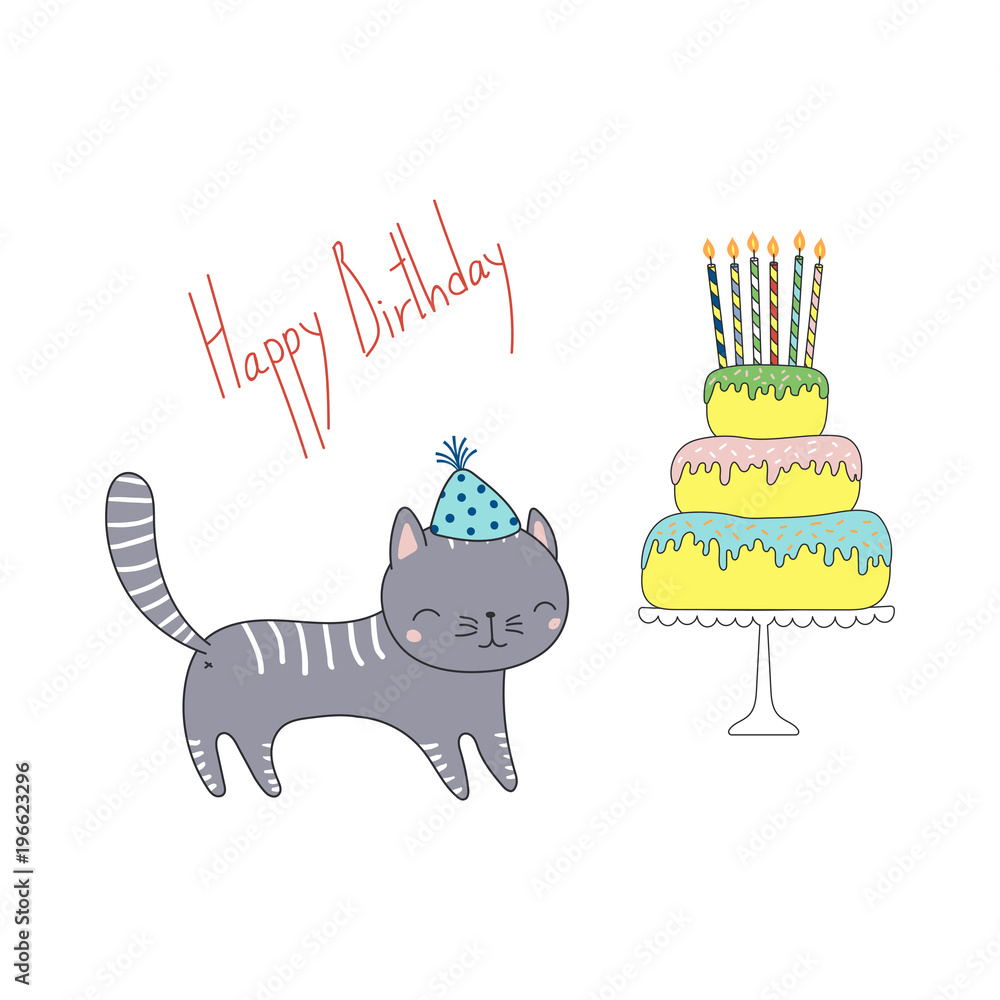 Hand drawn Happy Birthday greeting card with cute funny cartoon cat in a  party hat, cake