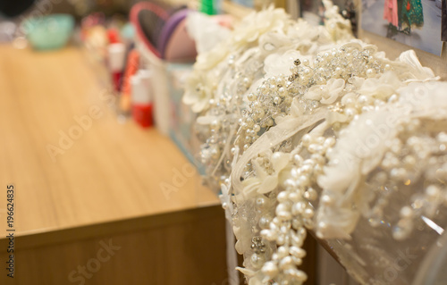 Pearl Headband on Cosmetic Table. Women's Accessories. Fashion Jewelry Design