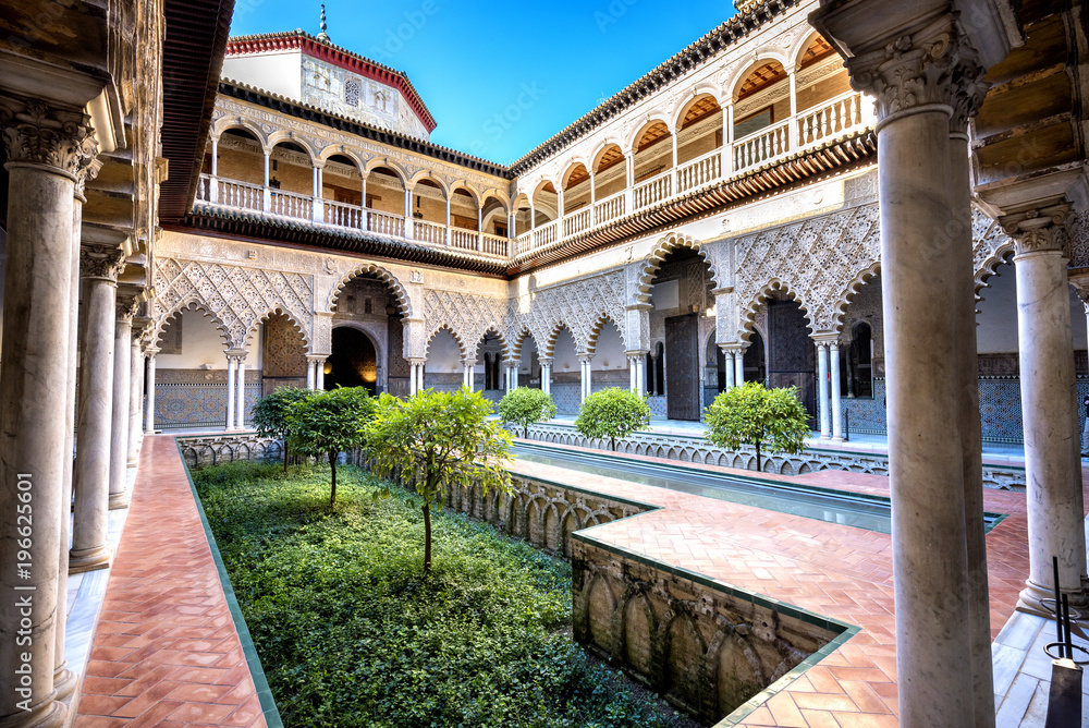 SEVILLE, SPAIN: Real Alcazar in Seville. Patio de las Doncellas in Royal palace, Real Alcazar (built in 1360), Spain