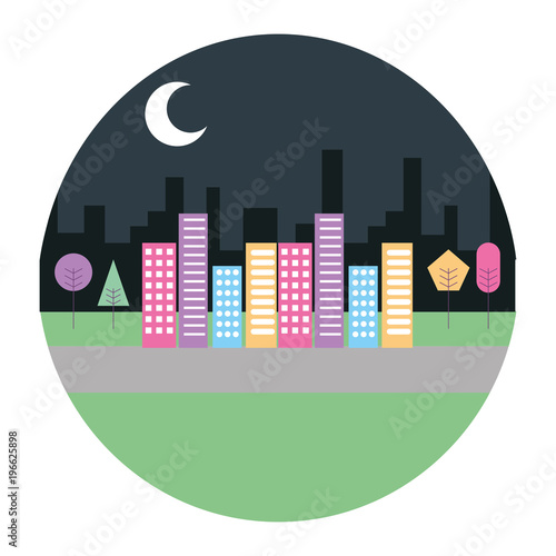 landscape night urban buildings trees moon scenary round design vector illustration 