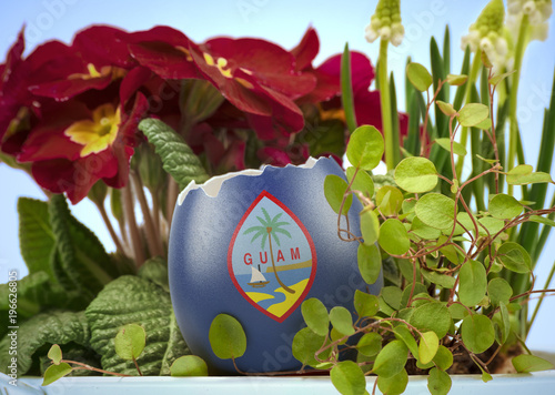 The flag of Guam on an cracked egg in a floral scene.(series) photo