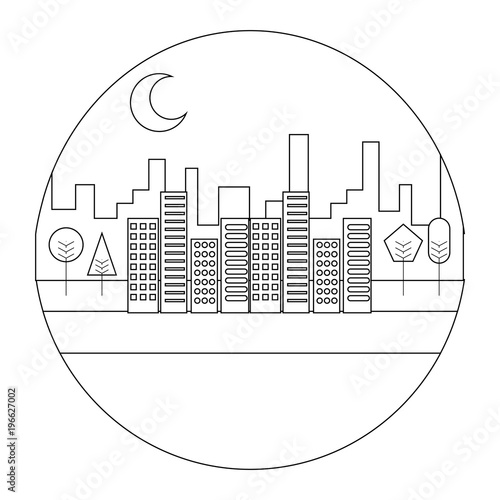 landscape night urban buildings trees moon scenary round design vector illustration  thin line