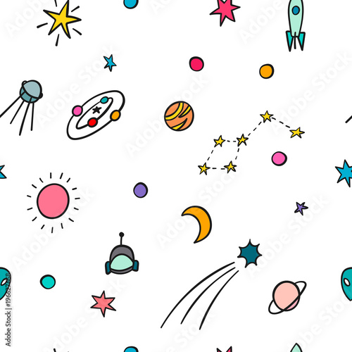 Naklejka Kosmos astronomii przestrzeni prosty wzór. Niekończący się galaktyki inspiraci graficznego projekta typografii element. Ręcznie rysowane Słodkie proste tło wektor.