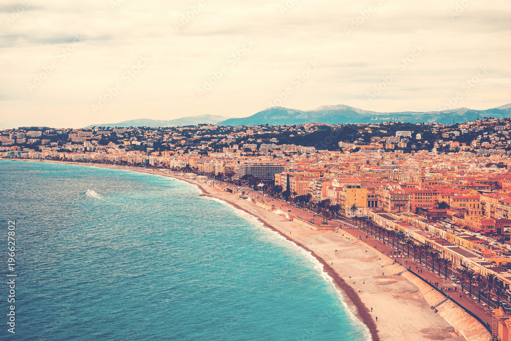 cityscape overview of Nice in vintage colors
