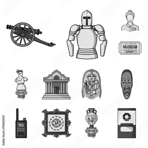 Museum and gallery monochrome icons in set collection for design. Storage and exhibition of showpiece vector symbol stock web illustration.