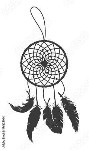 Black vector silhouette of dream catcher with feathers isolated on white background