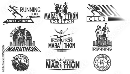 A set of monochrome design of logos, badges for a running tournament, a sports team, a marathon. Vector illustration.