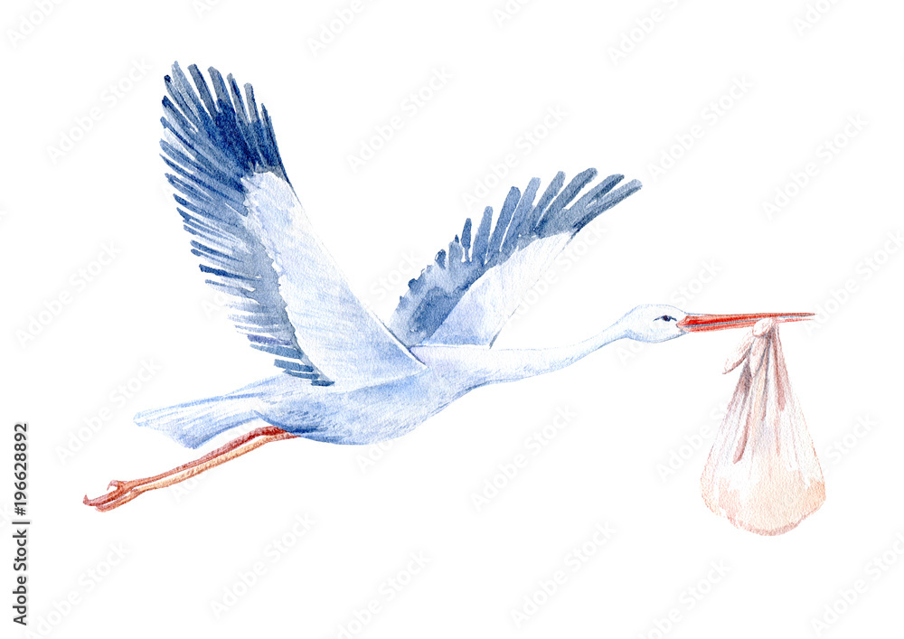 Stork with baby.Newborn picture. Watercolor hand drawn illustration.White background. - obrazy, fototapety, plakaty 