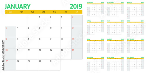 Calendar planner 2019 template vector illustration all 12 months week starts on Sunday and indicate weekends on Saturday and Sunday